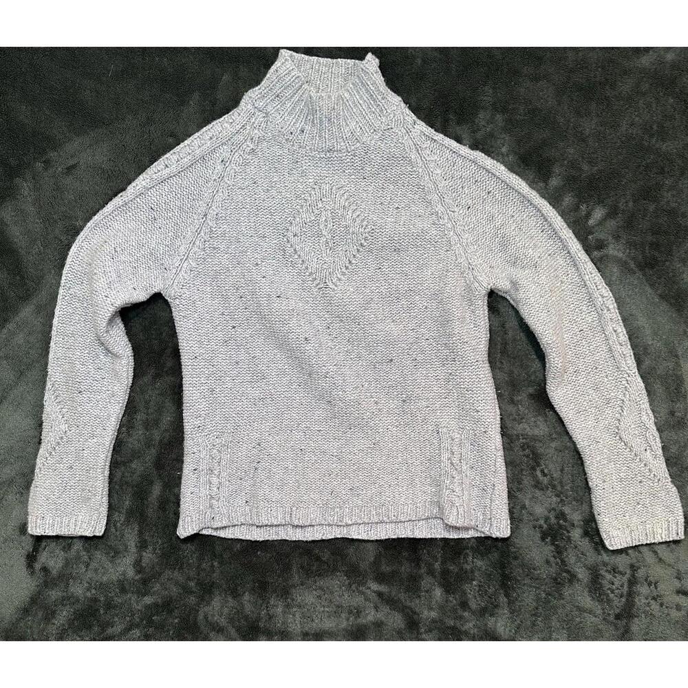 Inis Meáin Women’s Sweater Gray Turtleneck Cable-Knit Diamond Cashmere Merino L